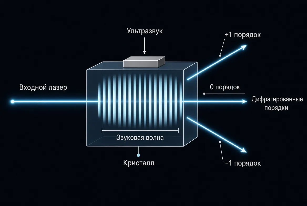 Акустооптическая решётка: ультразвук создаёт в среде периодическую решётку плотности, рассеивающую свет